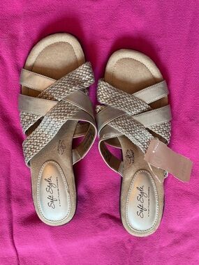 Soft Style Braided Size 10 Taupe Slide Mules